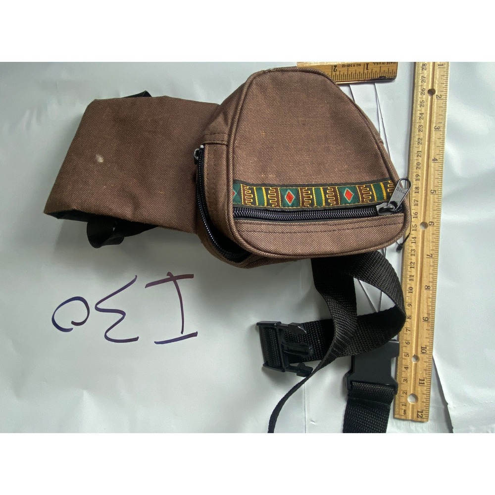 Brown Canvas Belt Bag Fanny Pack with Geometric‎ Trim Adjustable Strap